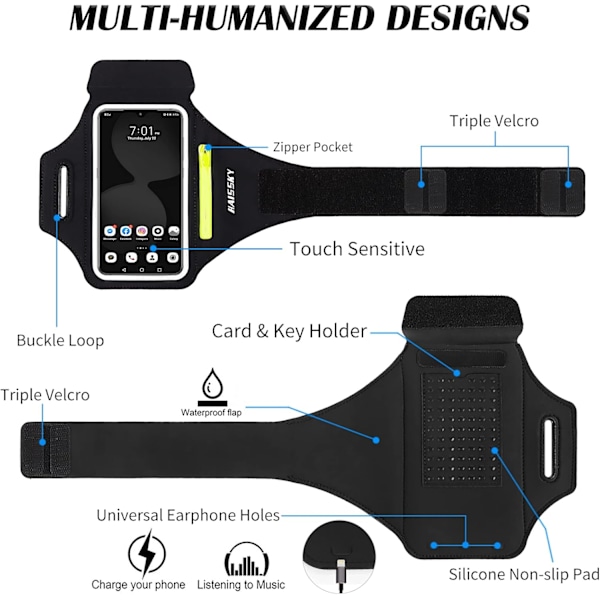 Sportsarmbånd med hovedtelefonetui, justerbart sportsarmbånd til op til 6,7 tommer (sort)
