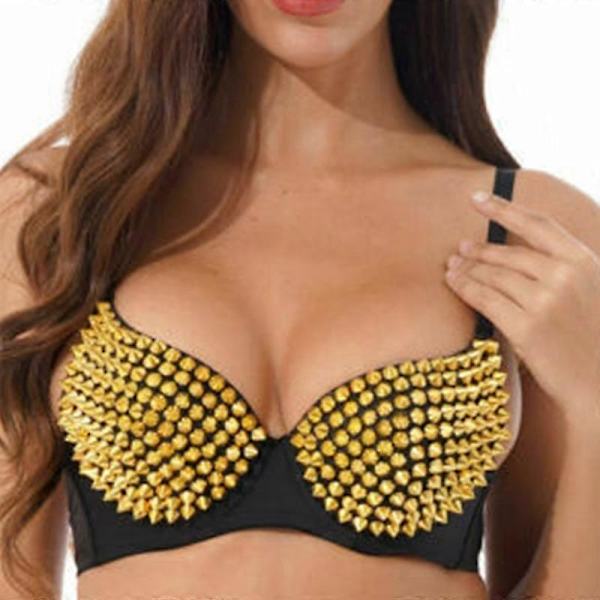 Steampunk BH med nitter til kvinder, fest, klub, rave, sports-BH, top - WELLNGS gul Yellow 90B