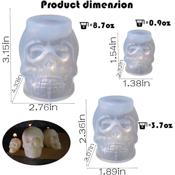 Hodeskalle Resin Form Silikon, 3-pakning (Stor+Medium+Liten) Silikon Hodeskalle Lysformer Kit for Epoxy Resin, Lys, Isbiter, Wa