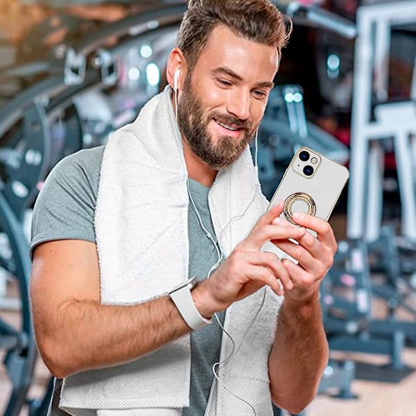Iphone 14 Plus -näytönsuojakalvolla, pinnoitettu sisäänrakennetulla 360 asteen kiertävällä magneettirenkaalla, jalustan pidike, 2 kpl white