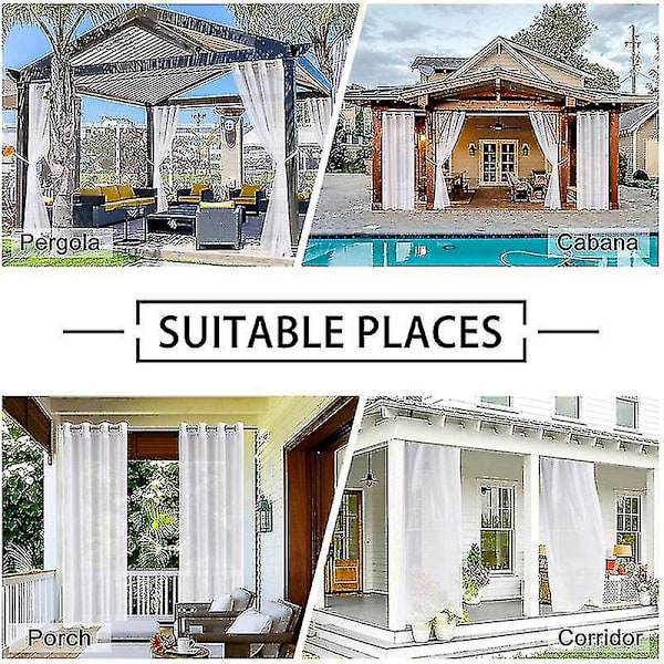 2 stk. utendørs gardiner for terrasse, avtakbare, vanntett, transparent gardin for veranda, hage, lysthus