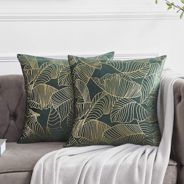 Pudebetræk 50x50cm Velvet Guld Blad Pudebetræk Grøn Dekorativt Pudebetræk Pyntepude til Sofa Soveværelse Stue Sæt med 2【ad】