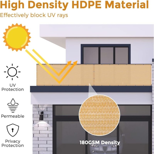 Parvekkeen yksityisyyssuoja 90 x 600 cm, 180 g/m² HDPE-kangas, UV-suoja, tuulensuoja puutarhaan, terassille, ulkokäyttöön, naruilla