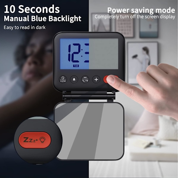 Reseväckarklocka Mini Bärbar LCD Digital klocka med bakgrundsbelysning kalender 12/24H temperatur sminkspegel