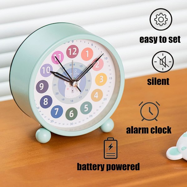 Children's Learning Alarm Clock for Boys/Girls, Quiet Small Cute Table Clock Battery Operated, 4 Inch Analog Alarm Clock for Bedroom (Green Bear)