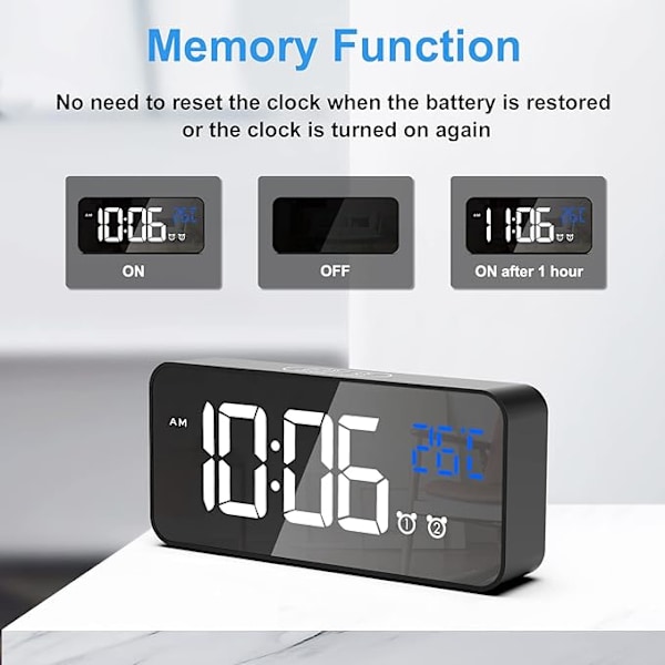 Digital väckarklocka, LED digital klocka digital väckarklocka temperatur/snooze/2 alarm/12/24 timmar/USB-laddningsport/10 musik【mo】