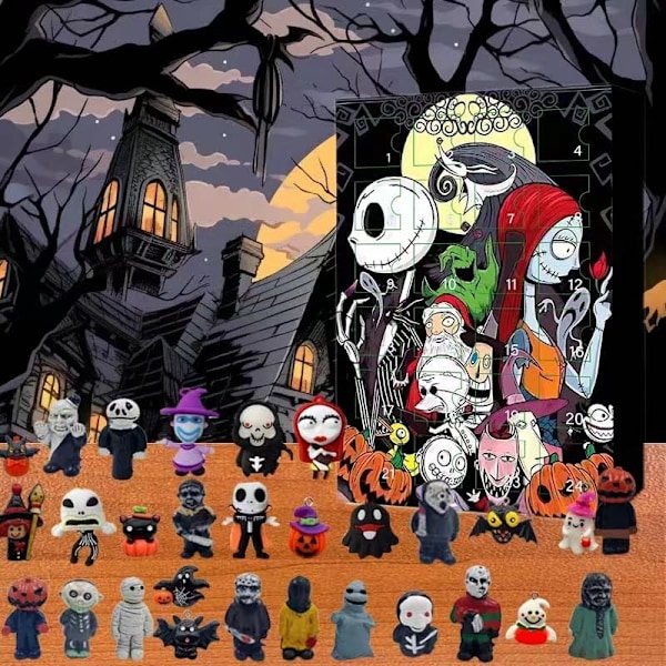 Halloween-Adventskalender 2024 Uppgraderad Adventskalender, Nightmare, Kalender Innehåller 24 Gåvor, Halloween Läskig Dock Horrorfigurer Present till Barn (A) Halloween New A