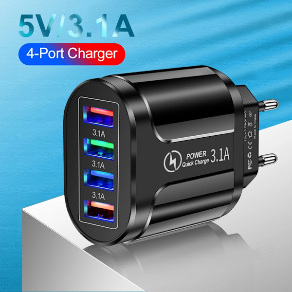 3.1A 4 Port USB Rejseoplader Hurtig Opladning QC 3.0 Væglader til iPhone 14 13 Samsung Xiaomi Mobil EU Stik Opladningsadapter