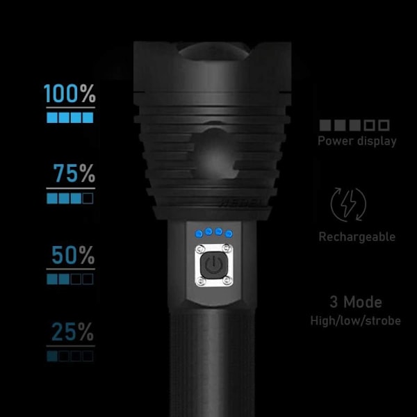 LED Ficklampa, 10000 Lumen XHP90 Ultraljus Stark Justerbar Zoombar Vattentät Ficklampa, Inkluderar 2*18650 Uppladdningsbara Batterier