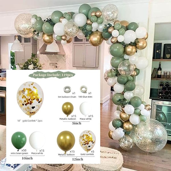 119PCS Ballongbue Sett Salviegrønn Ballonger Garland Sett Jungel