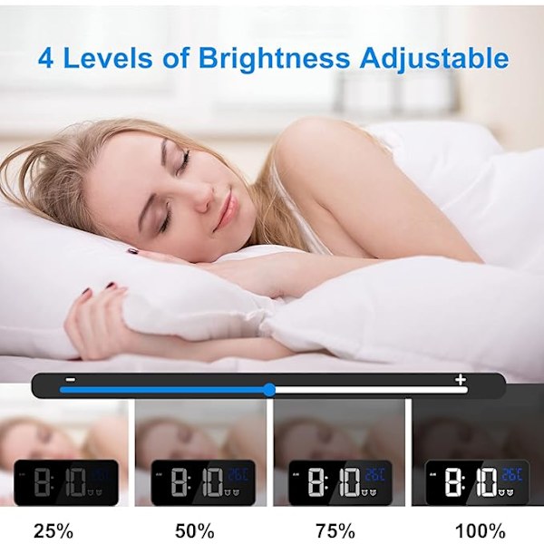 Digital väckarklocka, LED digital klocka digital väckarklocka temperatur/snooze/2 alarm/12/24 timmar/USB-laddningsport/10 musik【mo】