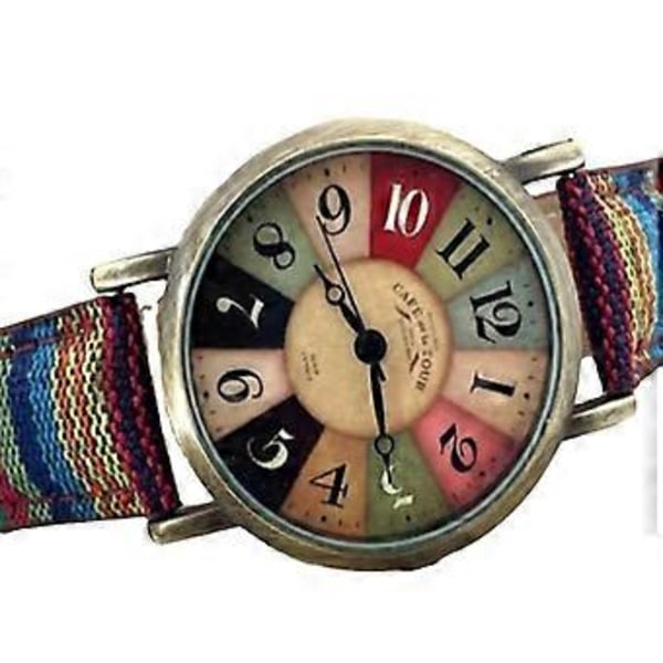 Damklocka i bohemisk boho hippie-stil, flerfärgad regnbågsvävd armbandsur (blå)