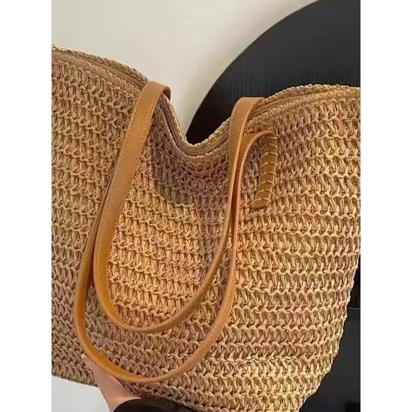 Håndveske Stråveske Dame Sommer Strandveske Håndveske Vevd Veske Pendler Skulderveske Stråveske (Lys Brun) Light Brown