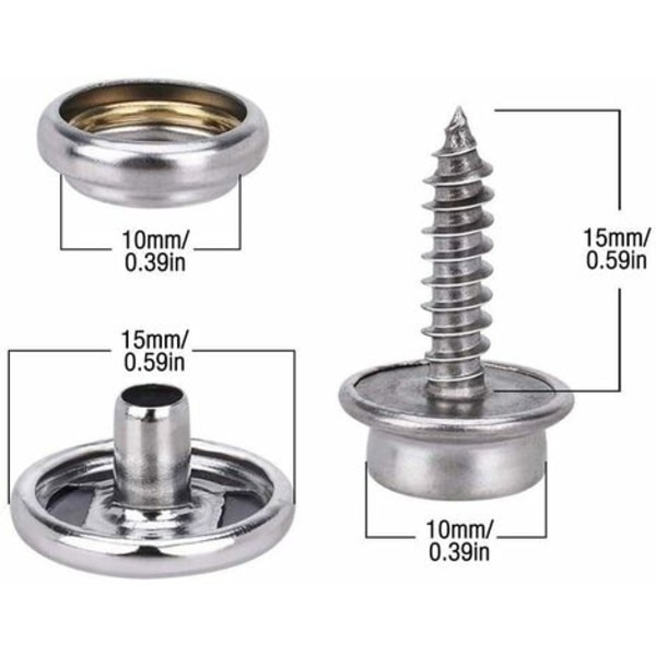 Trykknapper, 150 stk Rustfritt stål Skruknapper 15 mm metall Trykknapper Sett med 2 festeverktøy