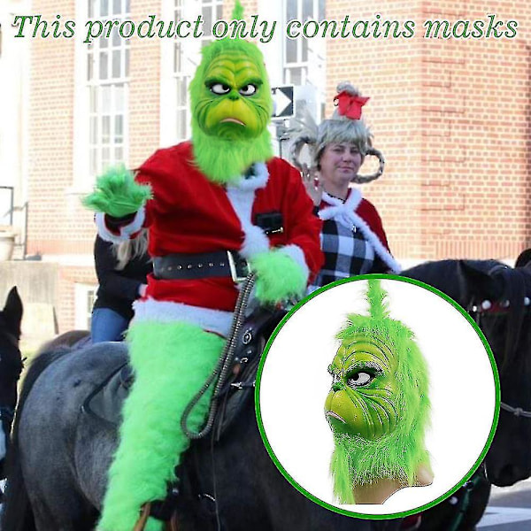 Julegrinch Full Hode Latex Maske Julehatt Monster Voksen Hånd The Grinch Christmas Mask C