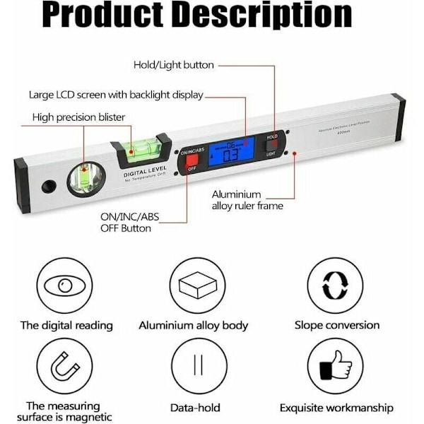 400 mm digitalt vaterpas, 360 graders hældningsmåler med magnet, ideel til måling og kontrol af planhed og vinkler -