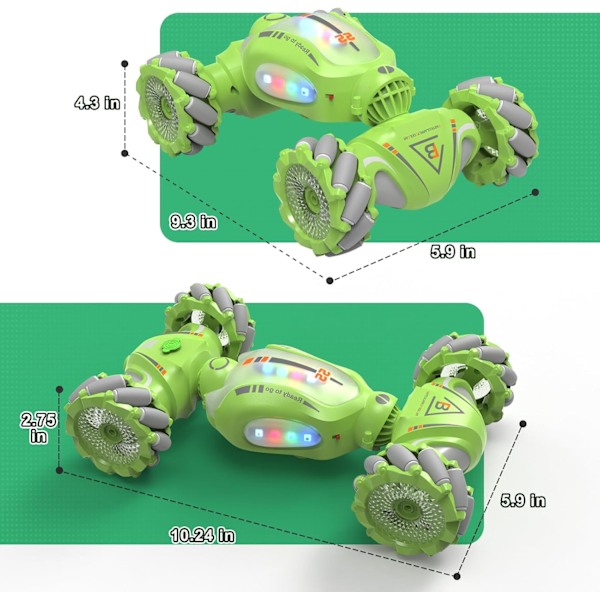 Eleohjeella ohjattava RC-temppuauton lelut 6-12-vuotiaille pojille, 2,4 GHz:n käsiauto suihkulla, valolla, musiikilla, 360° pyörivä lapsille 7 8 9 10 vuotta