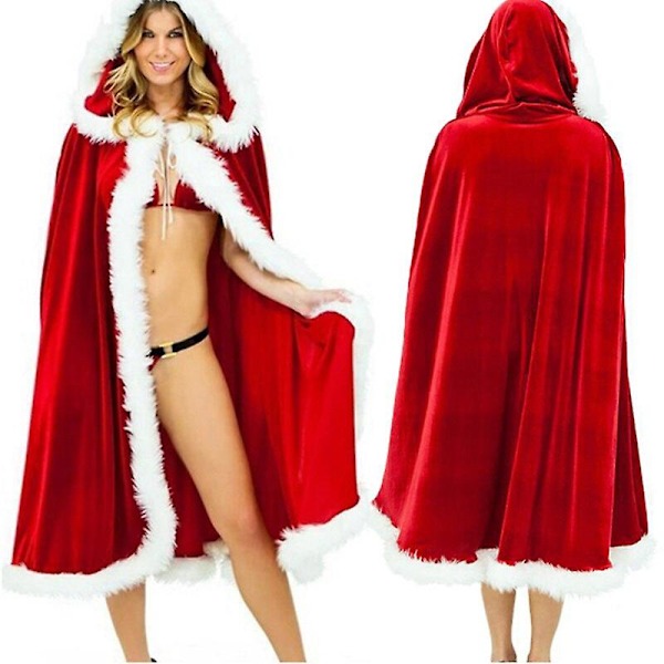 Rød Fløjl Kappe med Hætte - Sexy Julemand Cosplay Kostume til Kvinder - Karnevalsfest Clubwear 120cm