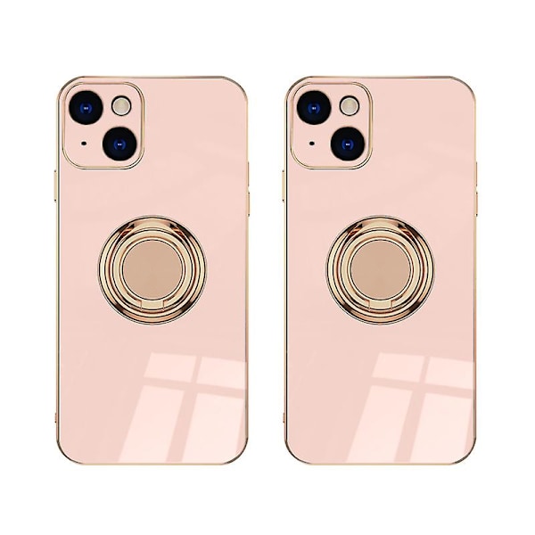 iPhone 14 Plus med skjermbeskytter, plating Innebygd 360 graders roterende magnetisk ring Stativholder 2 stk pink