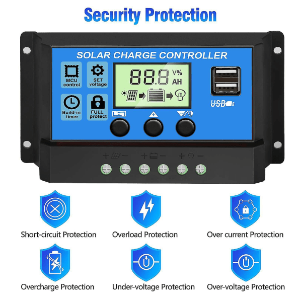 Solar Laderegulator 10a/20a/30a Solcellepanel Batteri Intelligent Regulator