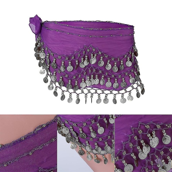 Höfthalsduk för magdans, magdanshalsduk för kvinnor med mynt Kjolar för magdans, Zumba eller yogaklass Purple