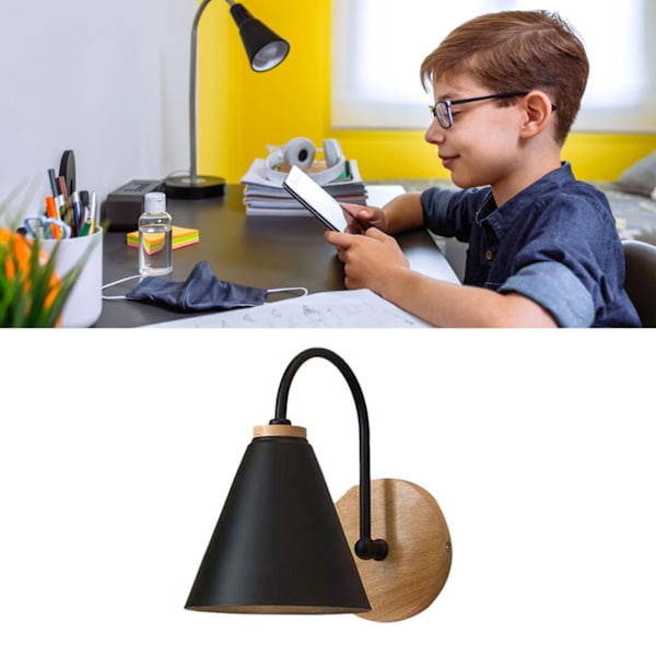 Böjd vägglampa i järn med lampskärm för sovrum, vardagsrum, arbetsrum - Väggmonterad korridorlampa i svart (glödlampa ingår ej)