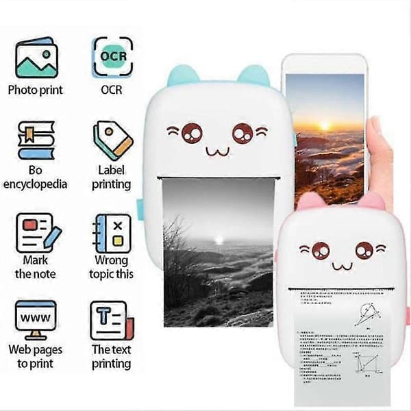 Bærbar miniprinter Termisk printer Foto Billede Etiket Bluetooth-printer til mobiltelefon[dt] BLUE