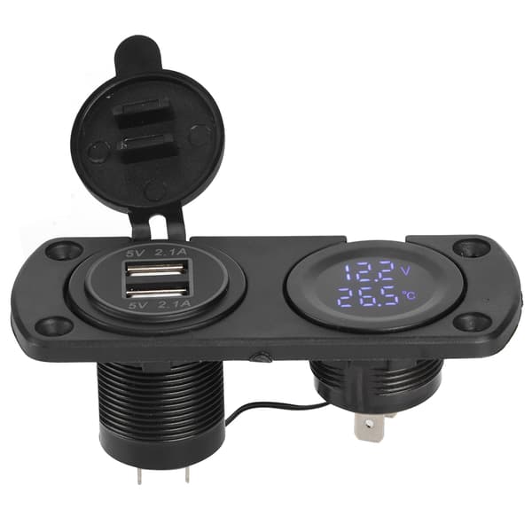 Blå bil dobbel USB 12V strømuttak sigarettenneruttak temperatur voltmeter lader