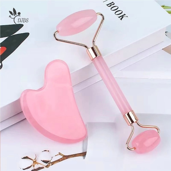 Rosa Gua Sha Tools Massager För Ansikt Hudvård Roller Set pink