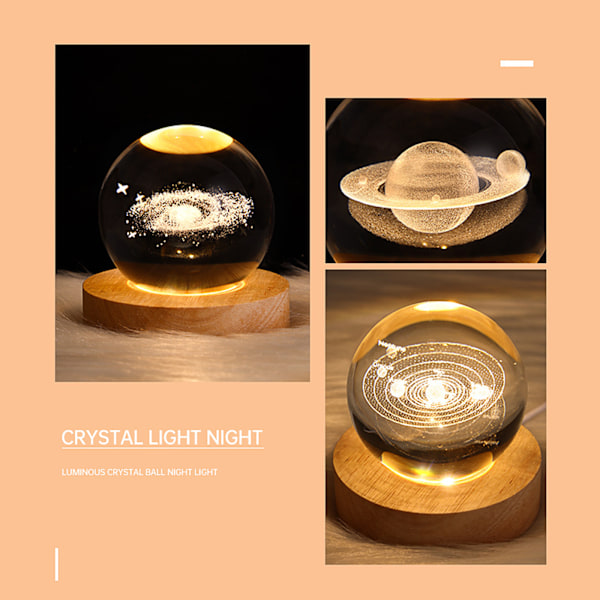 Lysende 3D Krystallkule Nattlampe med Innvendig Utskjæring og Trebase - Perfekt Hjemmeinnredningsornament