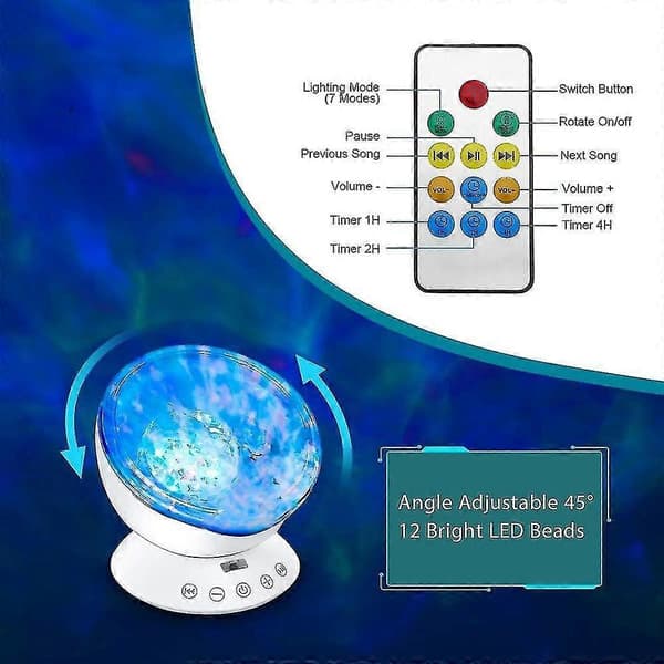 Ocean Wave Projector LED nattlys med 7 moduser og musikkhøyttaler
