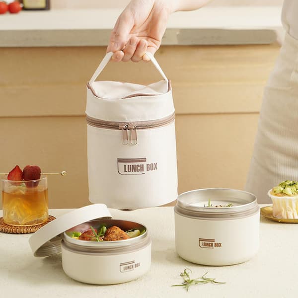 【DT】Bärbar isolerad lunchbehållare, flerskiktskombination picknicklunchlåda 2 lager 2 Layer Beige