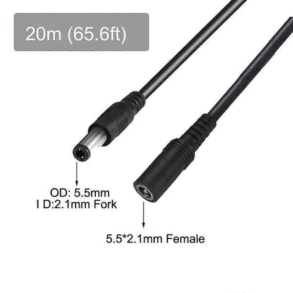 DC-forlængerkabel 20M 18AWG 5,5 mm x 2,1 mm han til hun strømkabel til CCTV og LED-strips