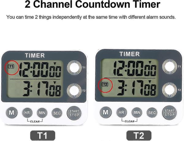 Digital kjøkkentimer Magnetisk stor skjerm nedtellingstimer Klokke 2 kanalgrupper 99 timer