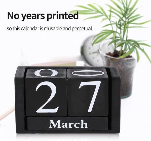 [DT] Trækalender, retro træfirkantet skrivebordskalender med måneds- og datovisning, sort.