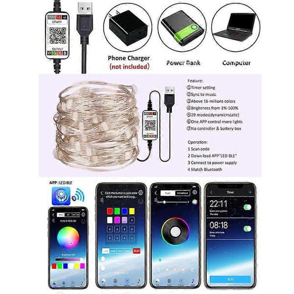 Julgransbelysning LED-ljusslinga bluetooth-app fjärrkontroll 20 meters