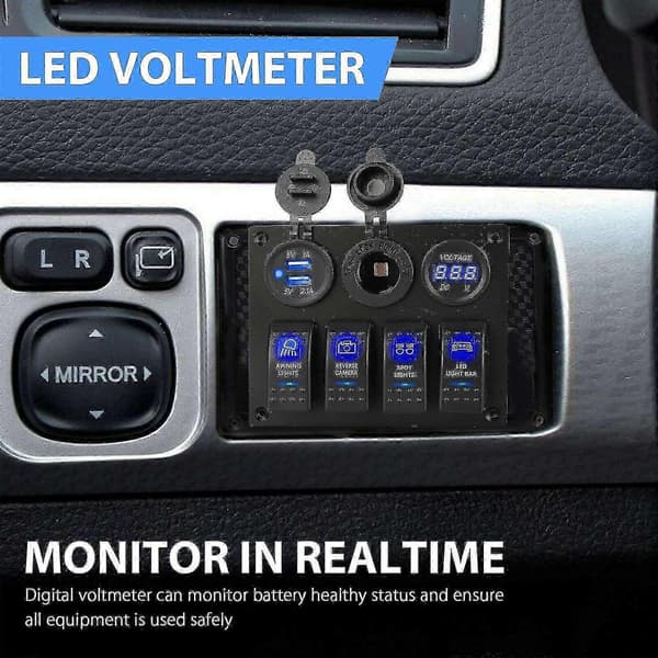 12-24V 4 vippebryterpanel med blå LED, strømbryter vanntett for bil, marine, båt