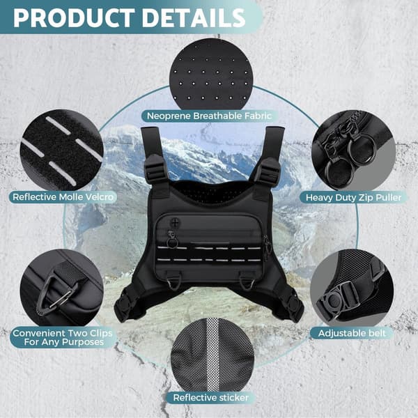 Løbe-/cykelvest/-brysttaske, frontlomme til telefon, 26×21×3cm, sort.