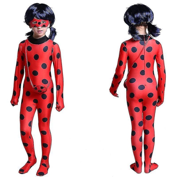 Bimirth Kids Girl Ladybug Cosplay Sæt Halloween Party Jumpsuit Fancy Dress kostume med bind for øjnene, paryk, taske-yky 130(120-130CM)