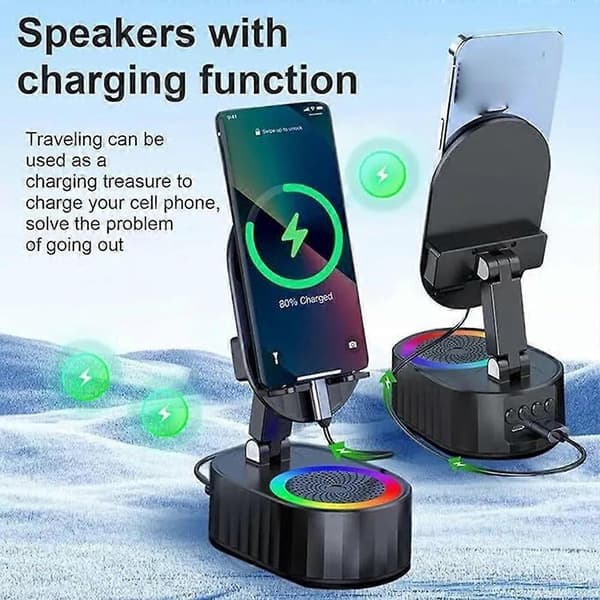 【DENGTU】5-in-1 matkapuhelinpidike langaton induktioääni Bluetooth-kaiutin puhelinpidike Black
