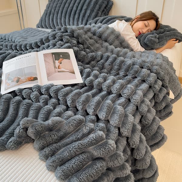 Kaninpels stripete fleeceteppe, tykt vinterteppe for lur og koselig søvn Mørkegrå Dark gray 180×200cm