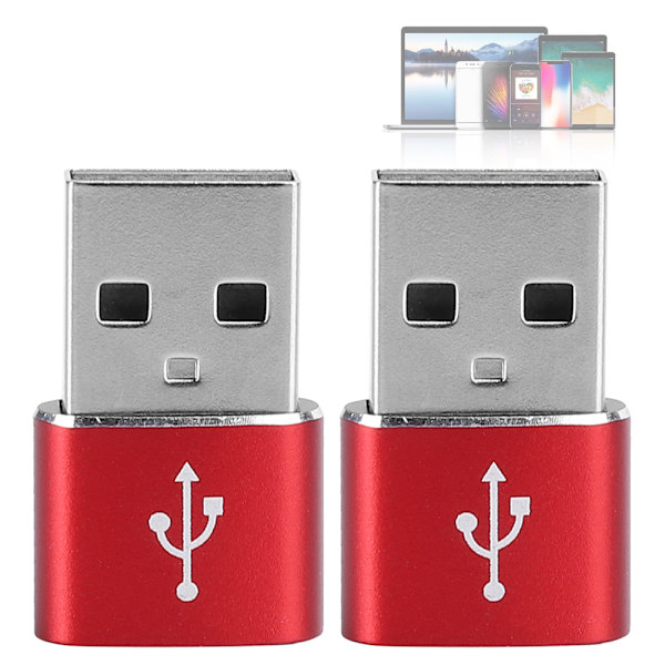 2 stk. USB C til USB-adapter i aluminiumslegering, rød, for lading, synkronisering og dataoverføring
