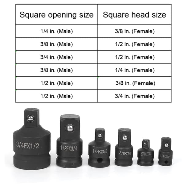 6 stk/sett Impact Socket Converter Reducer Adapter Sett 1/2in 1/4in 3/8in 3/4in