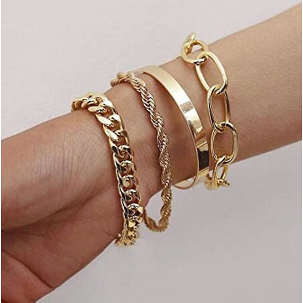 Gull Sølv kjede armbånd sett for kvinner Justerbare mote perler Chunky flat kabel kjede punk armbånd smykker