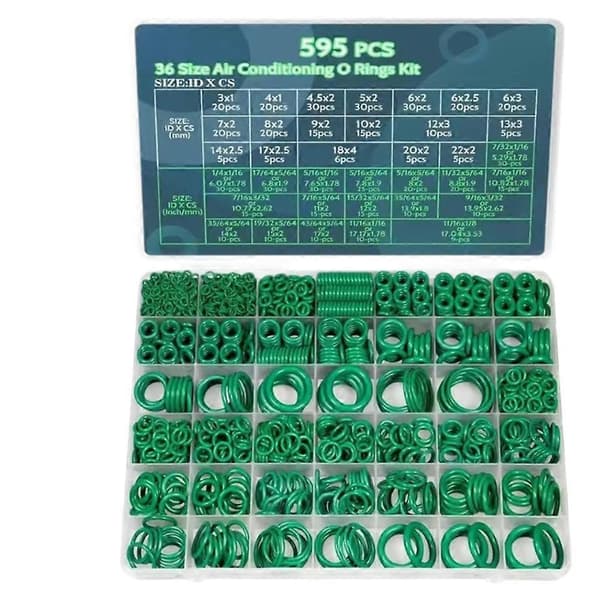 595-dele Aircondition O-ringssæt, sortiment af 36 grønne NBR gummi O-ringe til bil A/C, kompressor, ID 3-22 mm