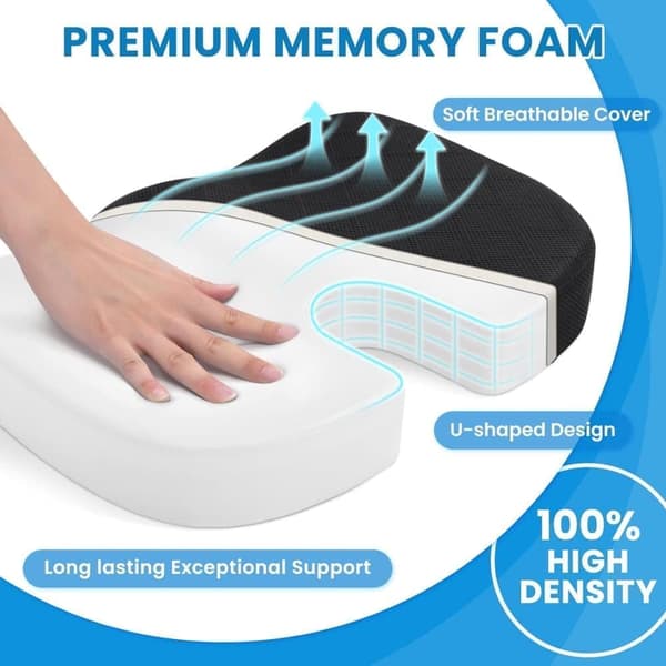Sædehynde i memoryskum med ergonomisk U-formet design og skridsikker base til kontorbil og stol, sort black