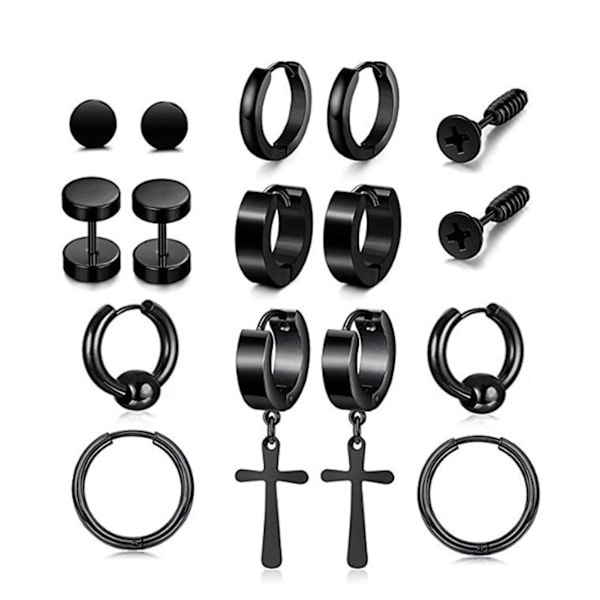 "Set of 8 Pairs Stainless Steel Earrings - Unique Black Cross Hoop Ear Studs for Men and Women"