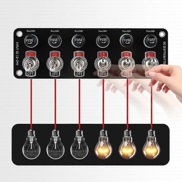 【DENGTU】6-vejs vippekontaktpanel 12-24V Tænd/Sluk-vippekontaktpanel med 10A-sikringer