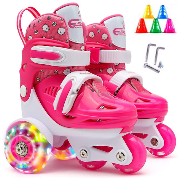 HT Kids Quad Roller Skates med justerbar storlek, 3-punkts balans, dubbla bromsar och lysande hjul - Perfekt för flickor och pojkar