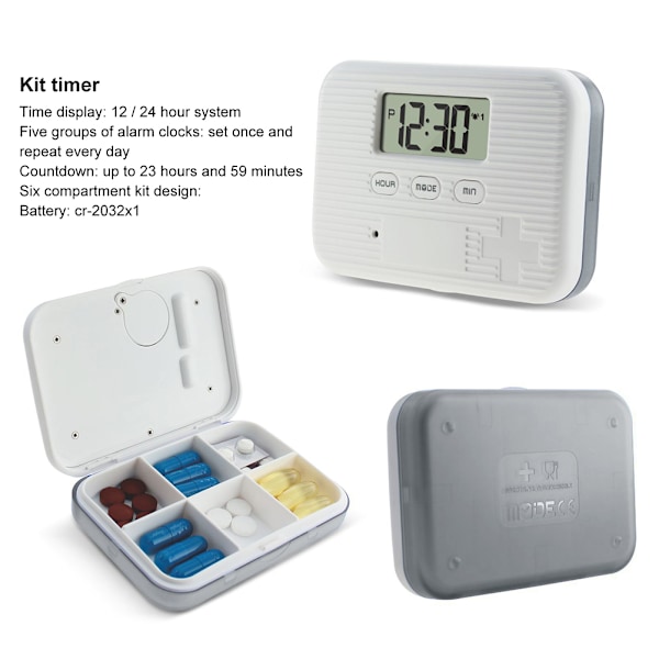 Bærbar Mini Pille Dispenser: Alarm, LCD-Skjerm, 6 Rom, og Digital Påminnelse